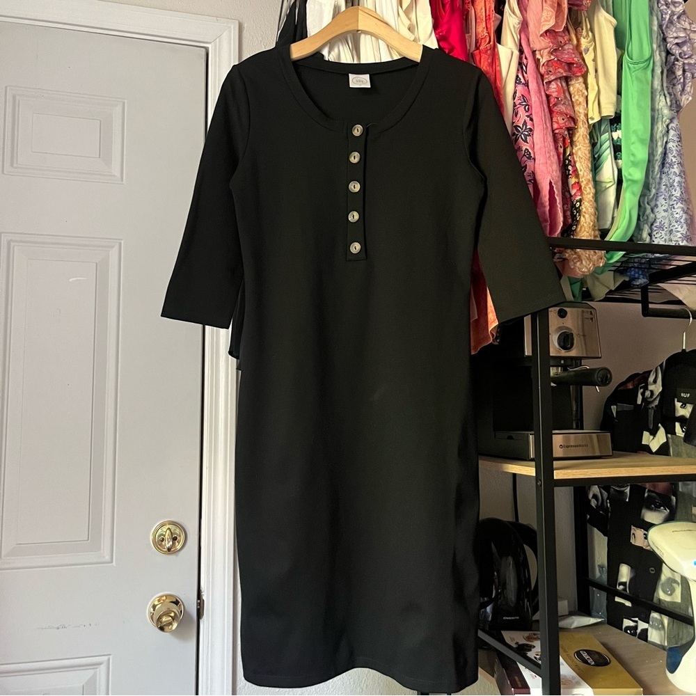 NWT LOU LOU black polo knit shell‎ button 3/4 long sleeve midi dress